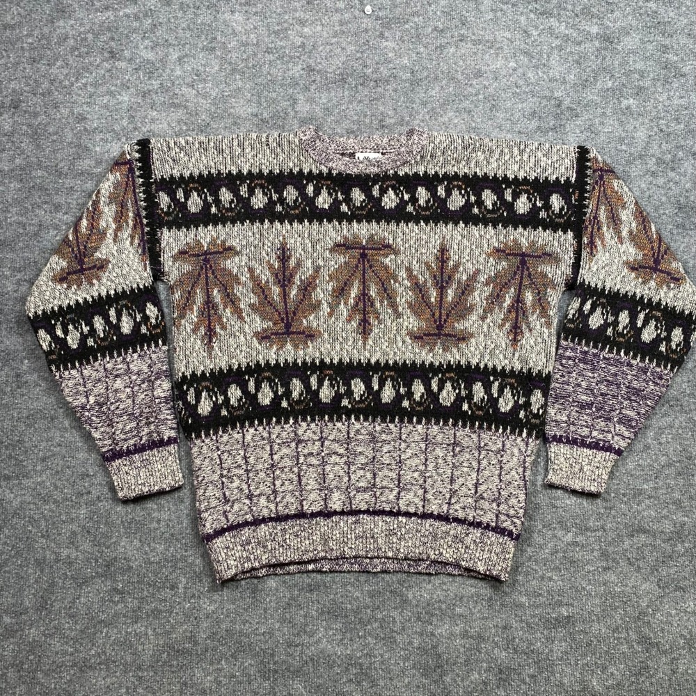 Lavane New York‎ Vintage Mens XL Knit Sweater Purple Grey Leaf Made in USA